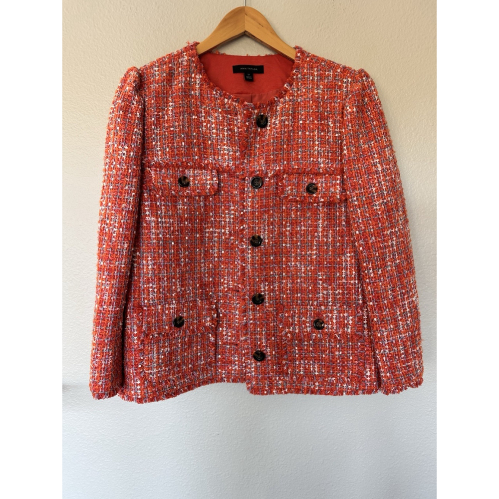 Ann Taylor Tweed Jacket 12Tall Fringe Edge Orange Spark Lined Decorative Buttons - Picture 4 of 11